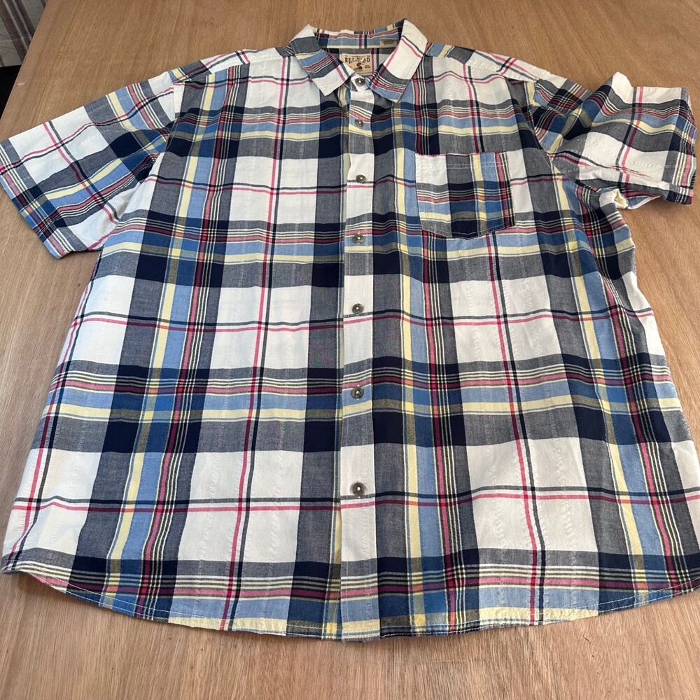 RedHead Brand Co Men's 2XL Plaid Short Sleeve Button Up Shirt Red Navy Cotton